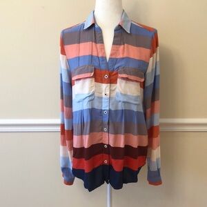 Anthropologie Maeve Blue, Pink, White Stripe Button Down Blouse Size 8 EUC